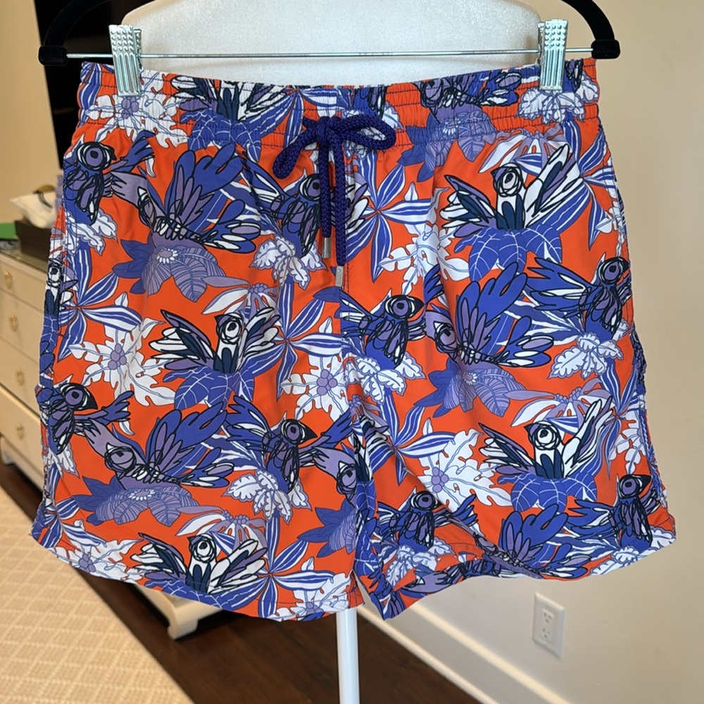 Vilebrequin - Orange and Blue Floral w/Tropical Birds Swim Trunks - Size: XL